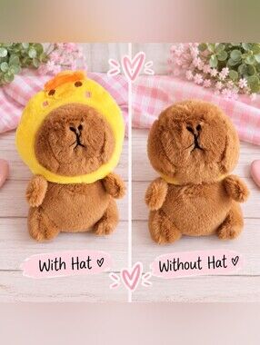 Plush Capybara Keychain with Removable Yellow Chick Hat